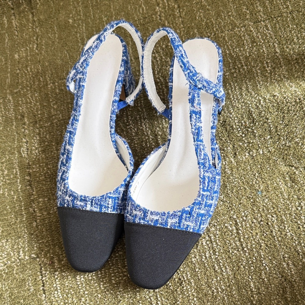 Blue Tweed Slingback Pumps with Black Cap Toe